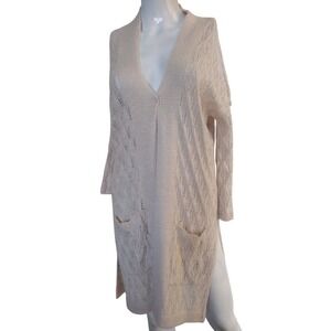 Lauren Conrad Cardigan Woman XS Beige Open Front Knit Pockets Long Sleeves Slits